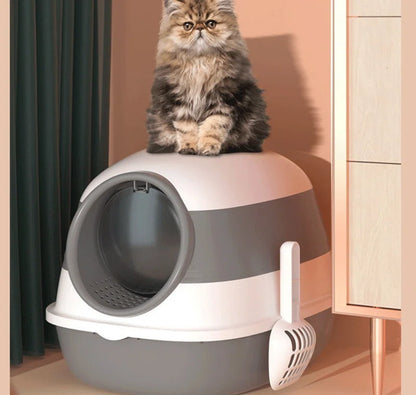 Cat Litter Box with Lid, Covered Litter Box W/ High Sides, Air Freshener, Large Two-Way Entrance Kitty Litter Box, Foldable, Easy Clean, White, and Gray